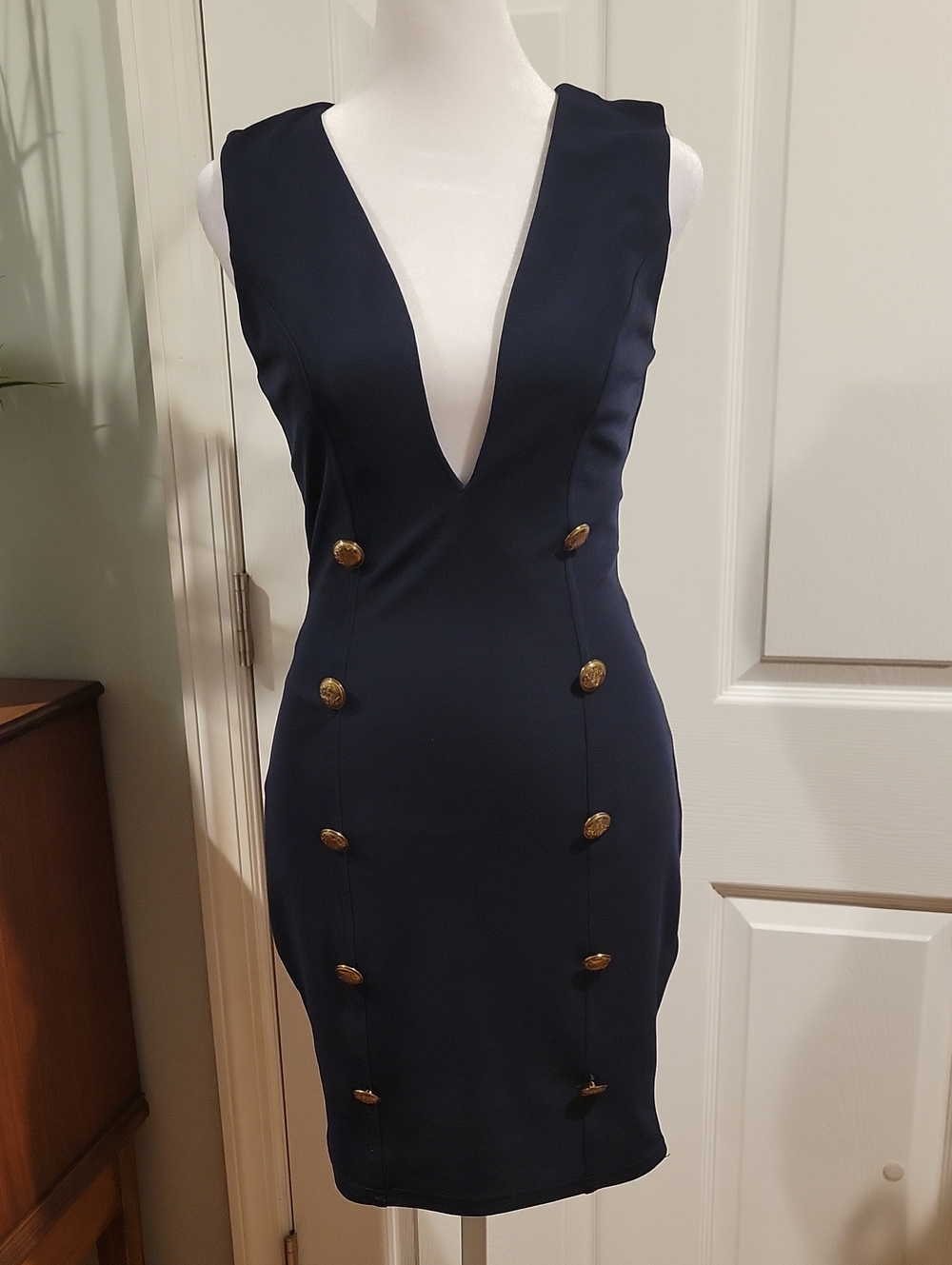 Miss Avenue Navy Deep V-Neck Gold-Button Sheath Dress
